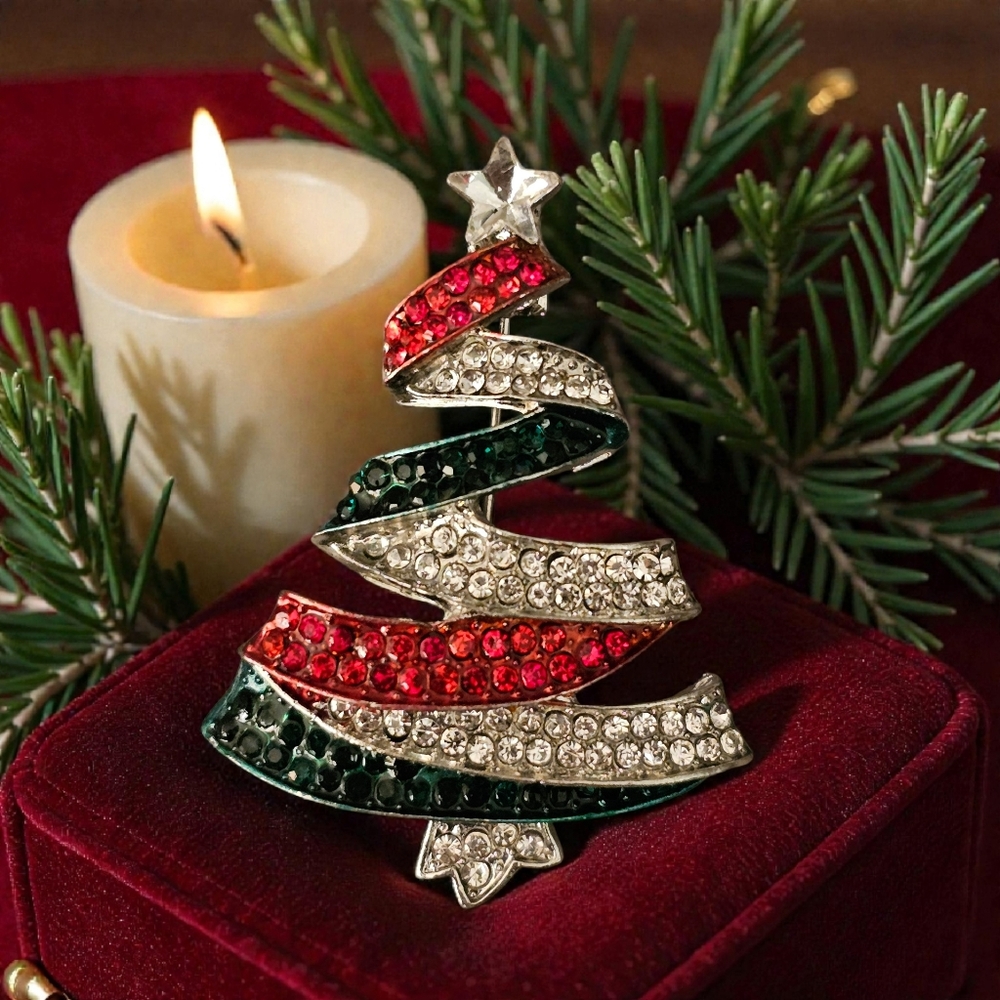Silver, Red And Green Christmas Tree Brooch